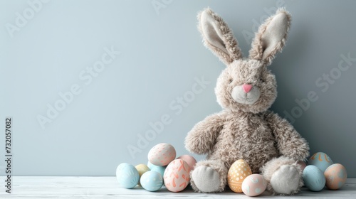 Grey plush rabbit with a collection of colorful Easter eggs.