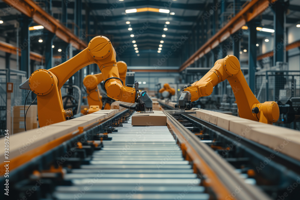 Automated robotic arms on production line in manufacturing plant. Automated robotic arms on production line in manufacturing plant.
