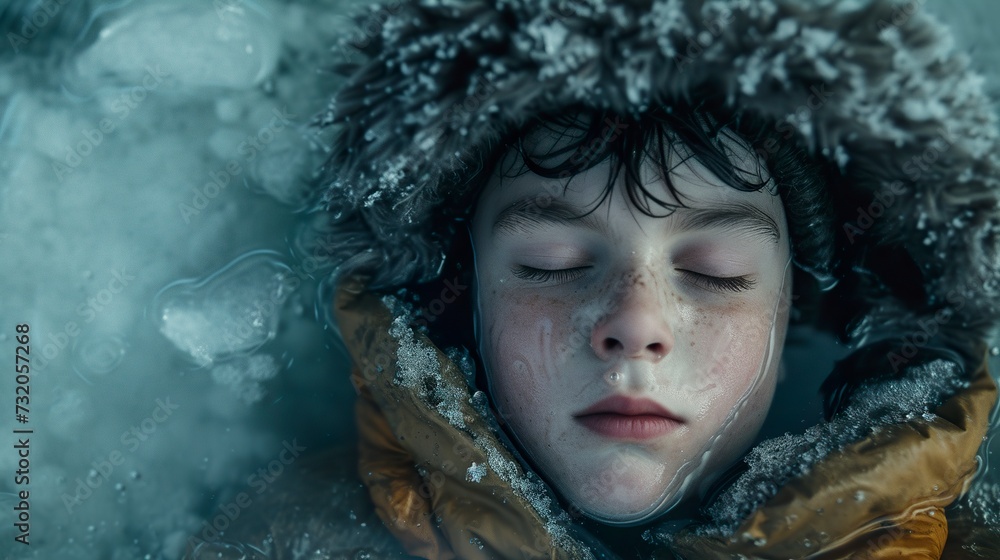 A boy wearing a winter coat sinking to the bottom of the sea with his eyes closed. 10 year old boy sinking into freezing water in the ocean. A boy wearing a winter coat sinking to the bottom of the sea with his eyes closed. 10 year old boy sinking into freezing water in the ocean.