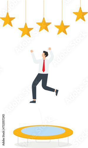 Use imagination and ingenuity for new opportunities, creativity to achieve success, achieve the highest praise from management or customers, high rankings, a man jumps on a trampoline to catch a star.