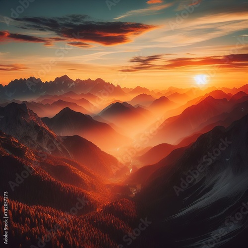 Fantastic sunset in the mountains. Dramatic scene. Beautiful nature background.