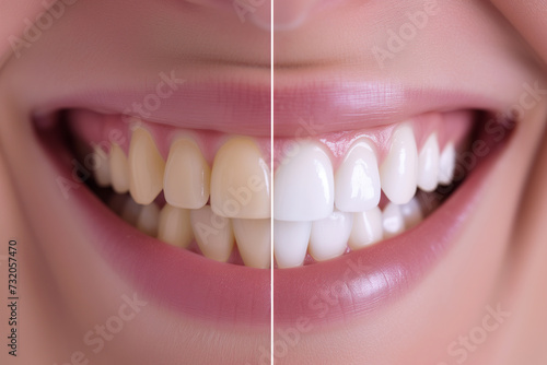 Close-up split image showing the before and after results of teeth whitening treatment; the left side displays stained yellow teeth and the right side shows a set of bright white teeth. photo