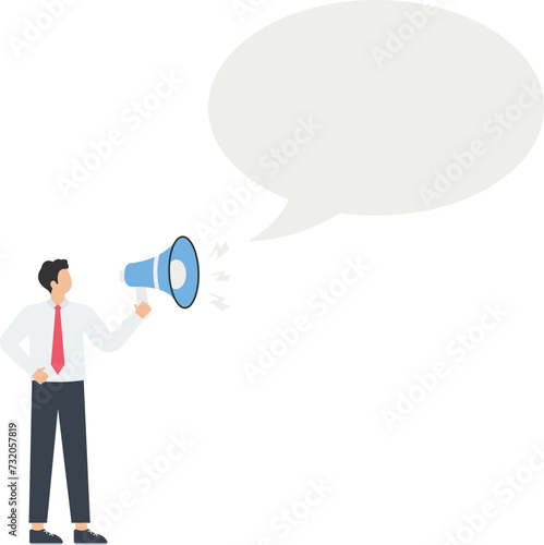 Leader communication, management ability to communicate with employee, announcement or storytelling, communication skills, businessman broadcast information with gramophone, big thought at the top

