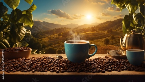 blue cup of hot coffee with beans on landscape sunshine, tree, coffee advertising, coffee drink, clouds, drink background