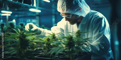 Farmer in a protective suit in a greenhouse growing hemp. Generative AI