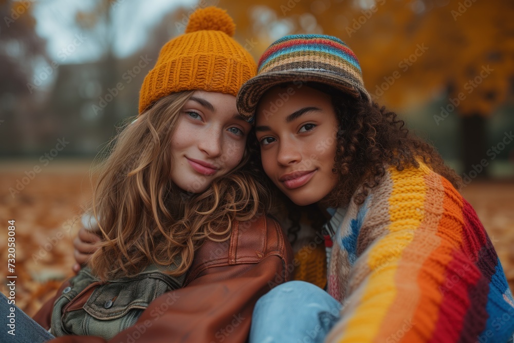 Obraz premium Lesbian couple. Beautiful caucasian and black woman have romantic date, at autumn