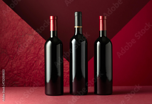 Bottles of red wine on a red background.
