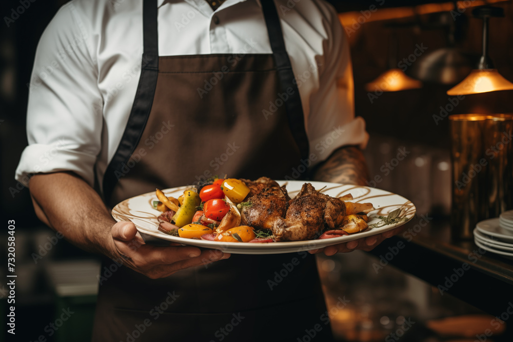 cropped view of the chef holding a plate with meat and vegetables in the restaurant