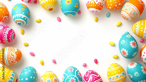 Delicious Easter Frame: Illustration with Colorful Eggs Creating a Unique Frame on a White Background. Clipart with Generous Space to Express Your Easter Messages.