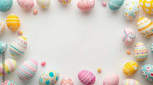 Delicious Easter Frame: Illustration with Colorful Eggs Creating a Unique Frame on a White Background. Clipart with Generous Space to Express Your Easter Messages.