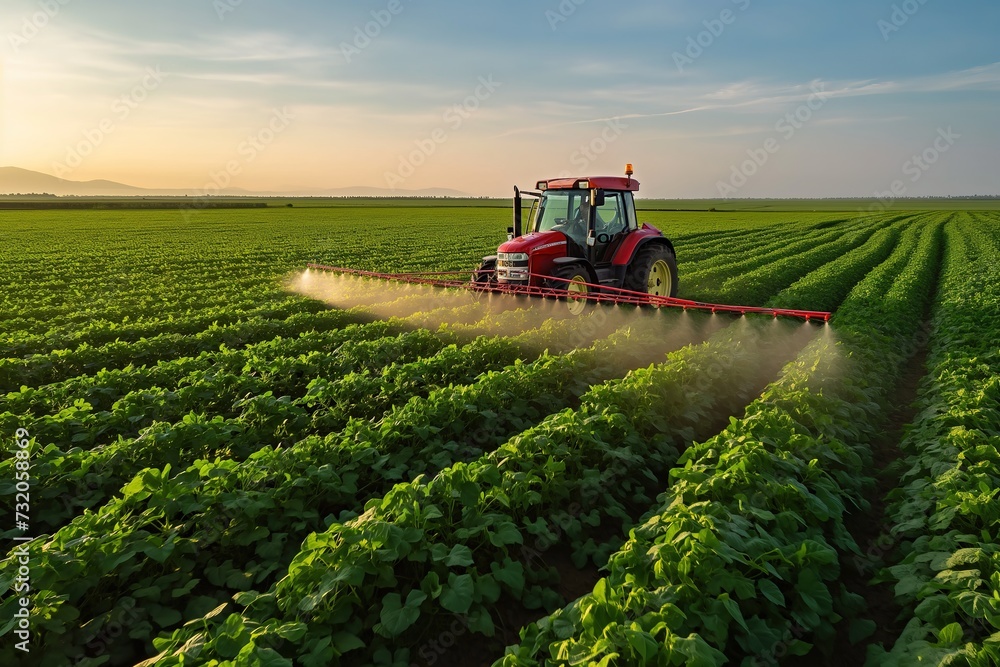 A tractor is seen spraying pesticide on an agricultural field, effectively targeting pests and protecting crop health. - obrazy, fototapety, plakaty 