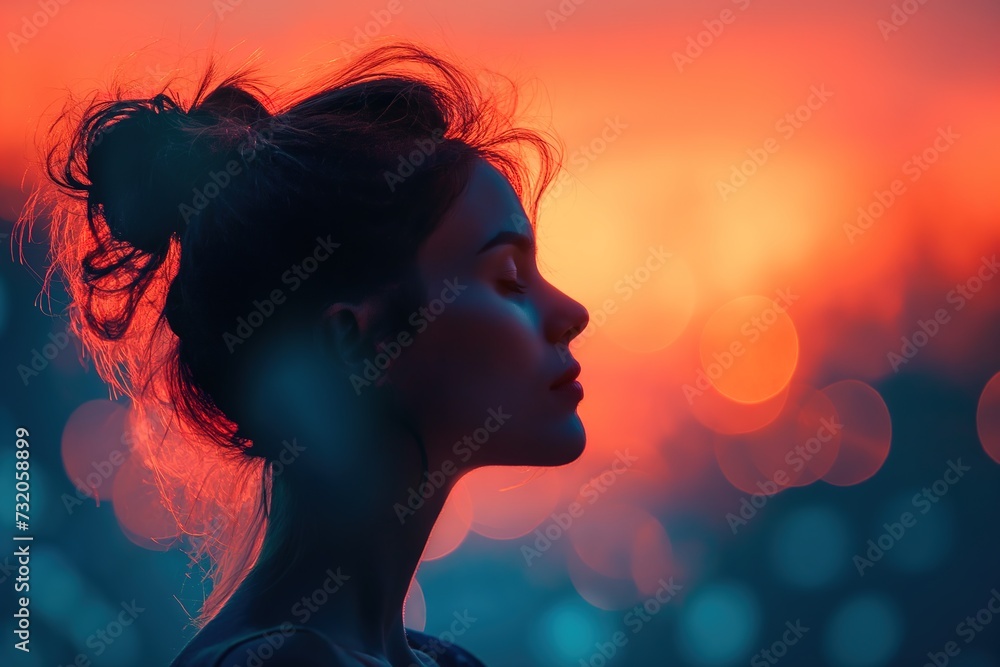 A woman stands in front of a vibrant sunset, casting a silhouette against the colorful sky.