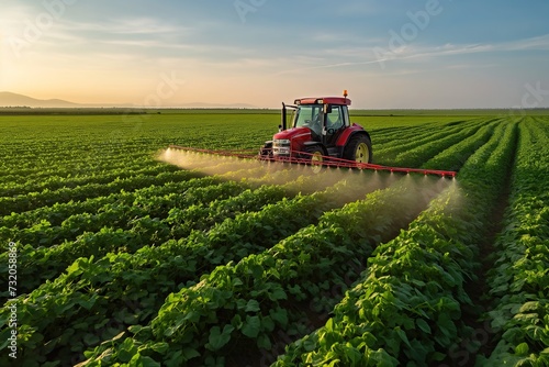 A tractor is seen spraying pesticide on an agricultural field, effectively targeting pests and protecting crop health. photo