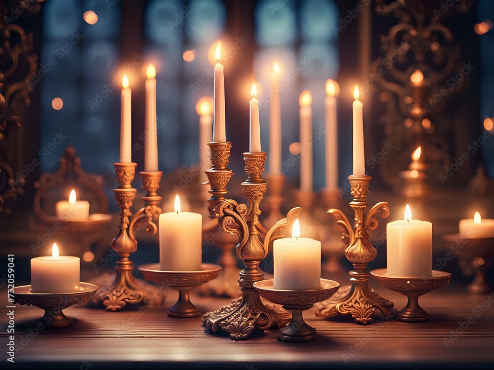 A lot of candle lights with decorative candle stand on a wooden table makes a perfect ambience for Ramadan or Eid. Copy Space. A lot of candle lights with decorative candle stand on a wooden table makes a perfect ambience for Ramadan or Eid. Copy Space.