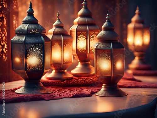 Ergonomic Elegant ornamental islamic lantern on a wooden table makes a perfect ambience for Ramadan or Eid. Copy Space. photo