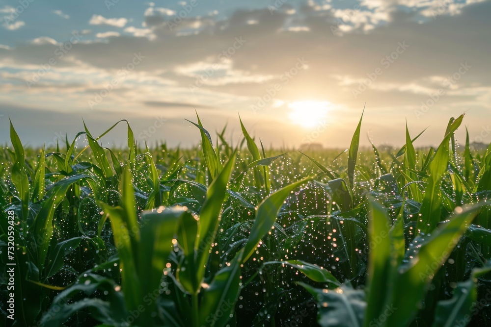 Beautiful landscape with morning sunrise over the cornfield. Close-up of corn seedlings on vast farm field. Modern agriculture concept. - obrazy, fototapety, plakaty 