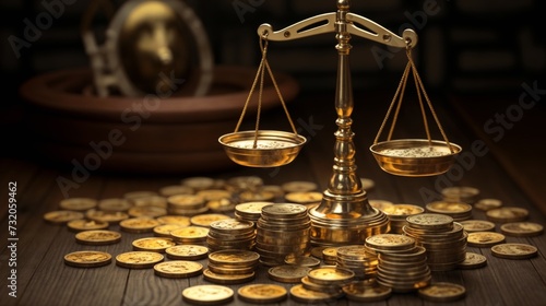 Classic scales of justice balancing amidst various stacks of golden coins, symbolizing financial law, investment, and economic balance.