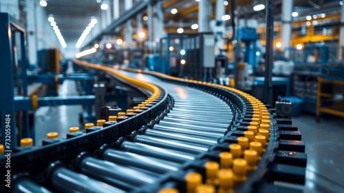 Close-up of assembly line in a modern hi-tech facility. Conveyor in a bright modern industrial workshop with finished parts for high-precision machines and mechanisms.