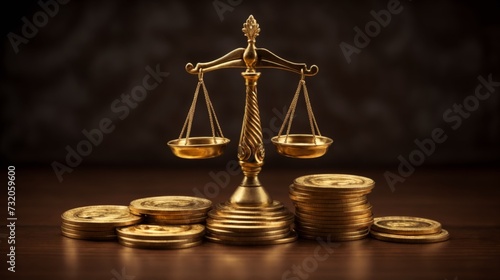 A balanced scale of justice in a dark wooden setting with stacked golden coins, depicting financial fairness and legal monetary judgments.