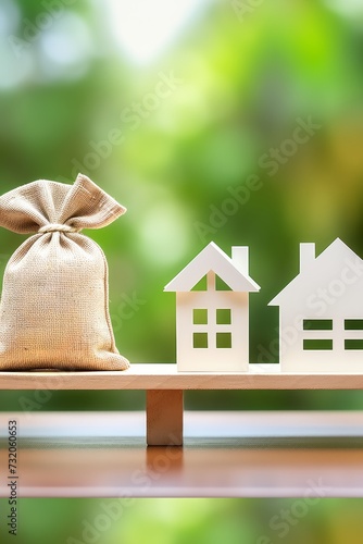 Miniature wooden house and money bag on nature background