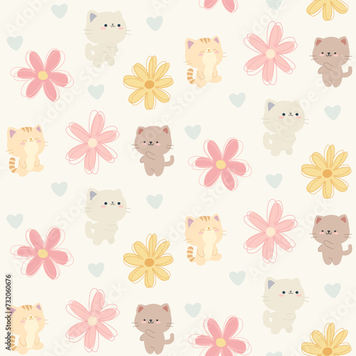 Cats and flowers seamless pattern