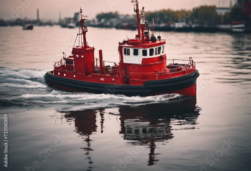 Red tug boat on water photo