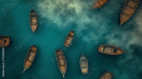 A serene aerial view of old wooden rowboats gently floating on the tranquil, turquoise waters of a misty lake.
