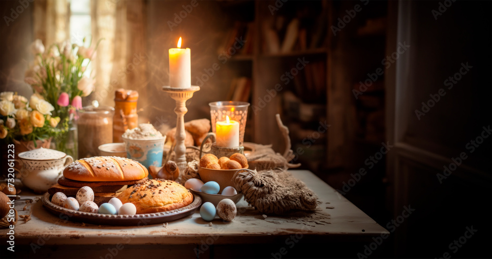 A rustic still life of bread, eggs, and candles on a wooden table, evoking warmth, sustenance, and simplicity.