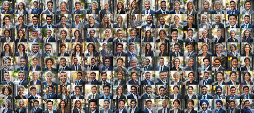 Many Headshots of a smiling business men and women of all ages, all genders and all cultures looking at the camera 