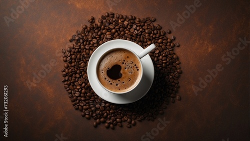 cup of coffee on coffee beans, hot coffee on table, coffee shopp, coffee background, © Orod