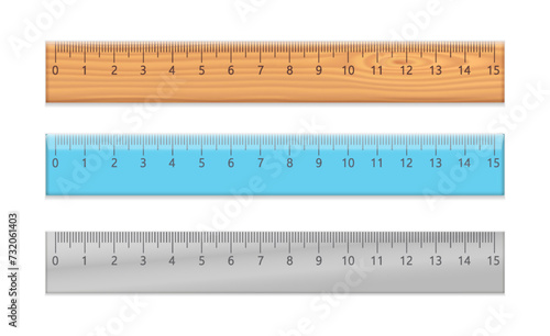 School rulers with centimeter scale isolated on white background. Wooden, plastic and metal measuring tools with millimeters scale and numbers up to 15, vector realistic illustration