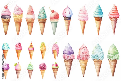 watercolor painting style illustration of cute ice-cream isolated on white background collection set, Generative Ai