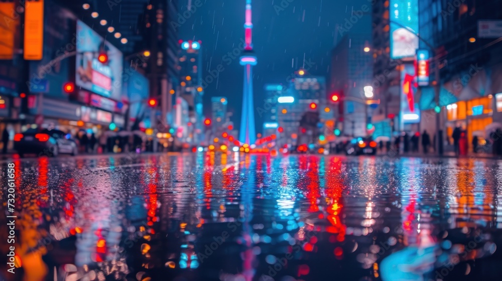  a city street filled with lots of traffic next to tall buildings with neon lights on the side of the street and a puddle of water in the middle of the street.