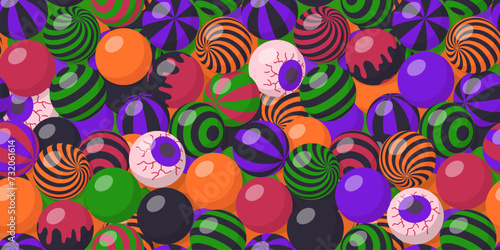 Background with candies or bubble gums. Halloween sweets pattern, seamless texture with striped gumballs and eyeball candies, vector cartoon illustration