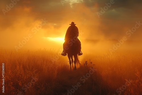 A lone figure gallops through a hazy landscape  the setting sun casting a golden glow over the vast expanse of grass and the majestic horse beneath him