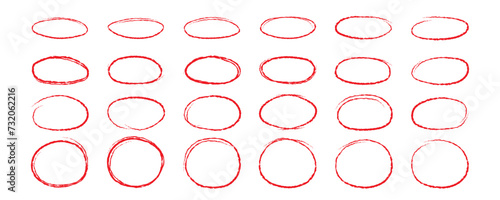 A set of hand-drawn circles. Circle scribbles for passing a note. Circular logo design elements. Graffiti bubble vector illustration drawn with red marker or charcoal .