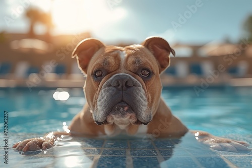 A playful bulldog enjoys a refreshing dip in the pool on a sunny day, relishing in the cool water and outdoor freedom