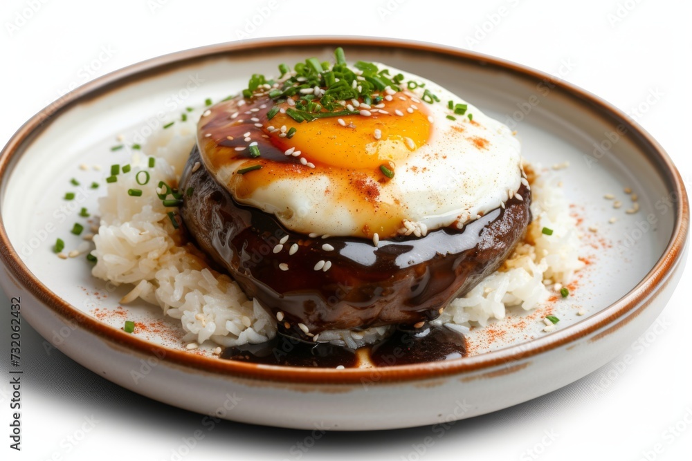 Deluxe Loco Moco plate featuring succulent beef, white rice, gravy, topped with a perfect fried egg