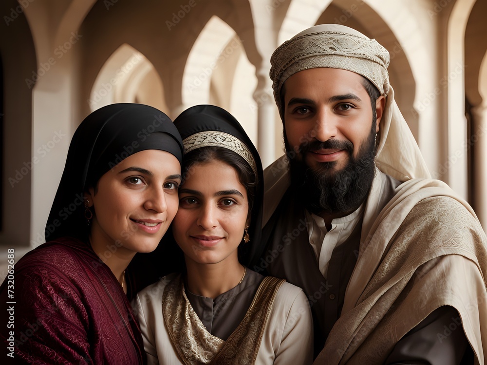 Beautiful Portrait of a muslim family during the Ramadan month or celebrating Eid after a month of fasting. Concept of Muslim Family. Beautiful Portrait of a muslim family during the Ramadan month or celebrating Eid after a month of fasting. Concept of Muslim Family.