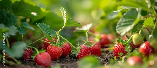 Strawberries  a seedless fruit  are naturally growing on a plant in a garden  serving as an ingredient for food. They are a type of groundcover  similar to salmonberries or wine raspberries.
