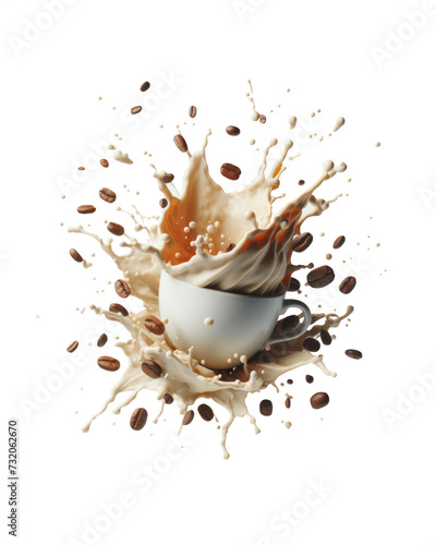 Milk and coffee splash with Coffee Beans falling. Premium pen tool flawless cutout. Transparent PNG background. Falling white cup of coffee with coffee beans and liquid bursting in the air. Liquid 