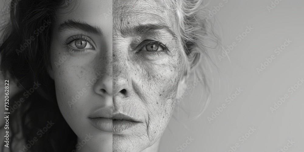 Fototapeta premium Artistic black and white contrast showing a woman's face aging from young to old