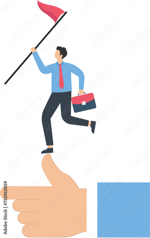 Successful business concept, businessman waving flag standing on thumbs up
