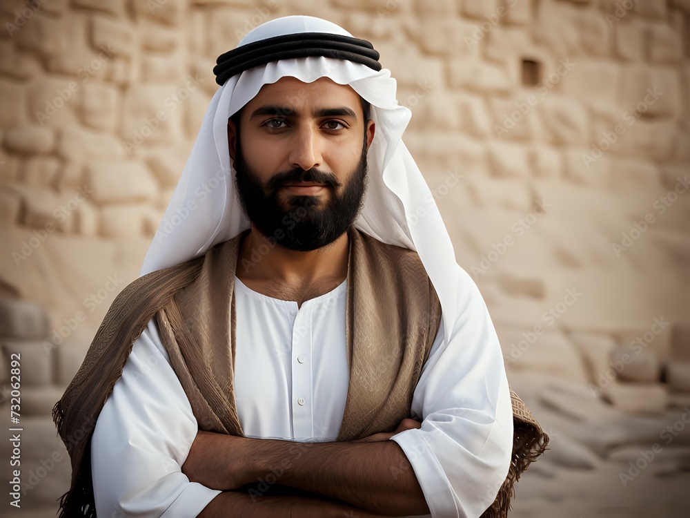 Portrait of a Arab man with beard wearing traditional clothes standing in an old mosque with his arms crossed. Portrait of a Arab man with beard wearing traditional clothes standing in an old mosque with his arms crossed.