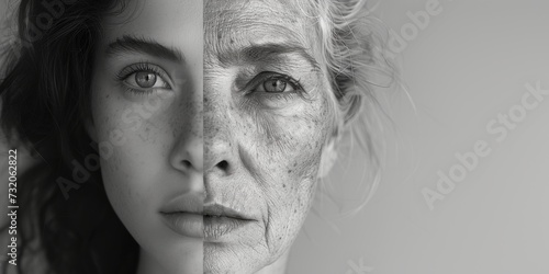 Artistic black and white contrast showing a woman's face aging from young to old