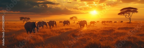 A majestic herd of elephants is silhouetted against a fiery sunset in the African savanna.