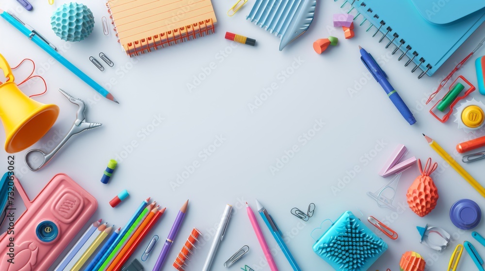 A vibrant selection of school supplies including notebooks, pencils, and erasers arranged on a grey background, ready for a new school year. A vibrant selection of school supplies including notebooks, pencils, and erasers arranged on a grey background, ready for a new school year.