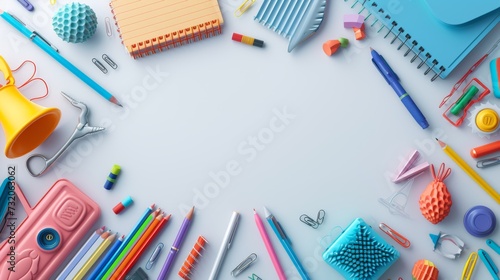 A vibrant selection of school supplies including notebooks, pencils, and erasers arranged on a grey background, ready for a new school year.