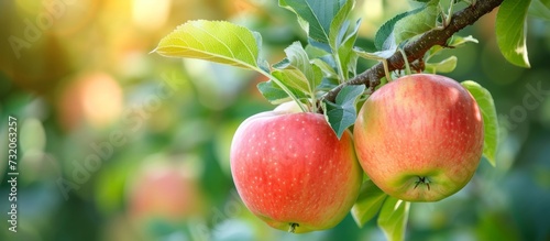 There are two apples hanging from a tree branch, a fruit tree producing seedless fruits and natural foods.