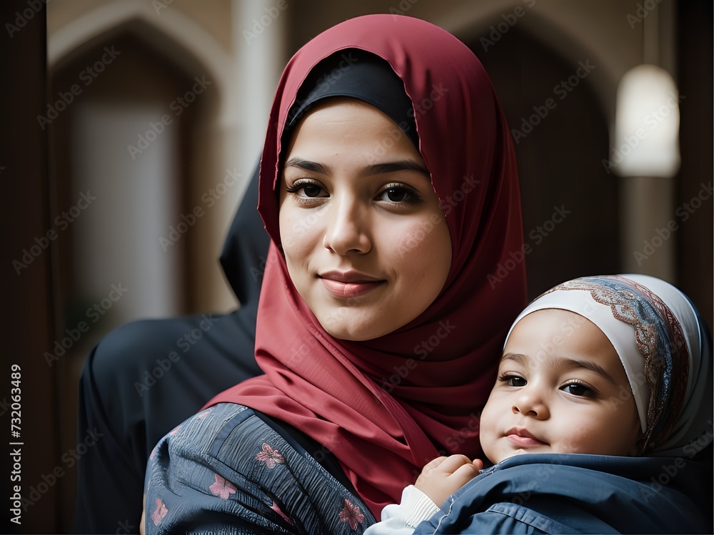 Portrait of a Beautiful muslim women with her baby. Concept of Muslim Family. Motherhood and love. Portrait of a Beautiful muslim women with her baby. Concept of Muslim Family. Motherhood and love.